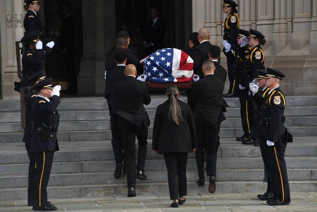 The remains of former Supreme Court Justice Sandra Day O'Connor arrive at the National Cathedral in Washington, D.C., on Dec. 19, 2023, for her funeral service.