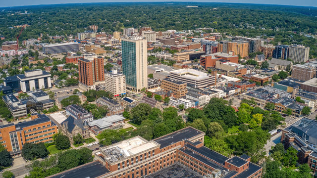 Aerial view of downtown Ann Arbor, Michigan in summer 