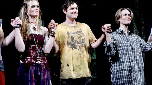 Elle Fanning, Michael Esper Sarah Paulson during the opening night curtain call for the Second Stage Theater play "Appropriate" on Broadway at The Hayes Theater on December 18, 2023 in New York City. 