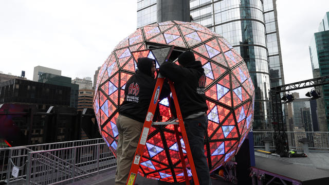 A view of the world-famous Times Square crystal ball is illuminated and raised for testing the day before New Year's Eve celebrations in New York City, United States on December 30, 2023. 