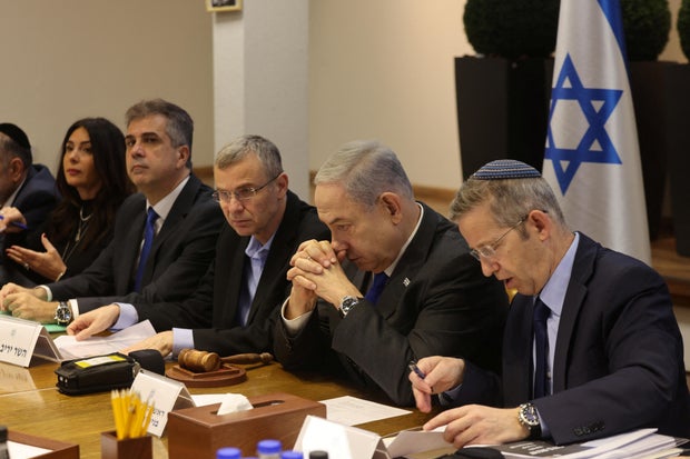 Israeli Prime Minister Benjamin Netanyahu chairs a cabinet meeting at the Kirya 