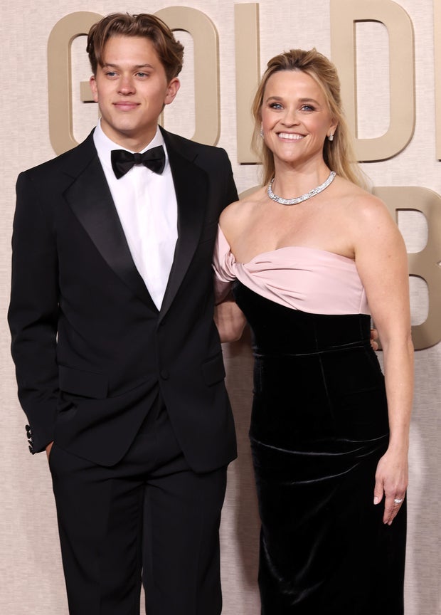 Deacon Phillippe and Reese Witherspoon attend the 81st Annual Golden Globe Awards at The Beverly Hilton on January 07, 2024, in Beverly Hills, California.