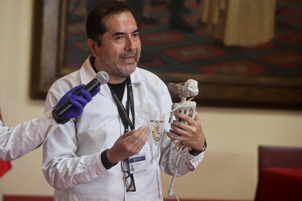 Flavio Estrada, a forensic archaeologist, confirms that the 'alien mummies' are dolls made from animal bones, in Lima