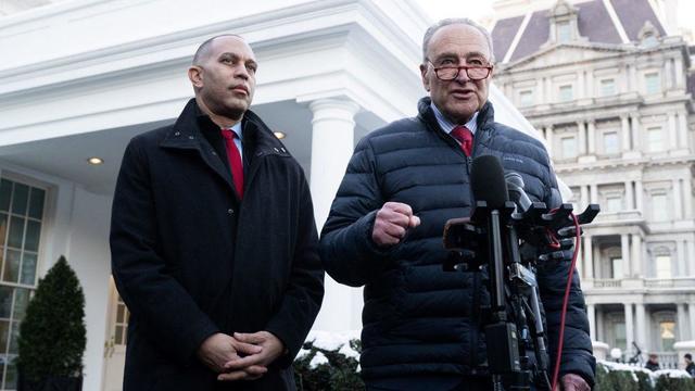 Senate Majority Leader Chuck Schumer and House Democratic Leader Hakeem Jeffries speak to reporters following a meeting with President Biden at the White House on Jan. 17, 2024. 