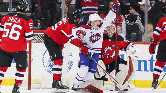 Montreal Canadiens right wing Cole Caufield (22) celebrates after scoring a goal during a game between the Montreal Canadiens and New Jersey Devils on January 17, 2024 at Prudential Center in the Newark, New Jersey. 