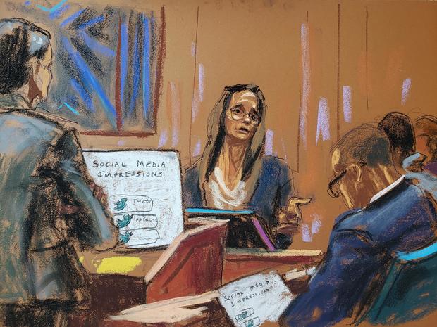 An artist's sketch showing Northwestern University professor Ashlee Humphreys testifying at the trial between former President Donald Trump and the writer E. Jean Carroll on Thursday, Jan. 18, 2024 