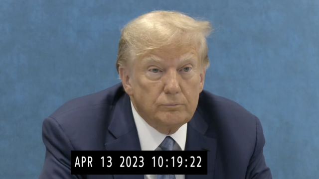 Former President Donald Trump sits for a deposition with the New York Attorney General's Office on April 13, 2023. CBS News obtained footage of the interview after a public records request. 