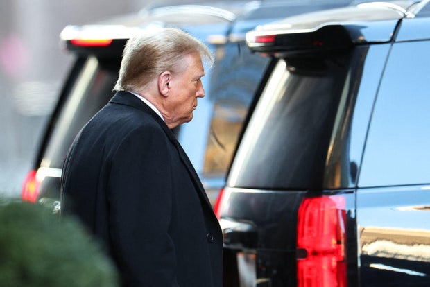 Former President Donald Trump leaves Trump Tower in Manhattan for federal court on Jan. 22, 2024.