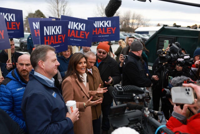 Republican presidential candidate Nikki Haley speaks with the media as she visits a polling location at Winnacunnet High School on Jan. 23, 2024, in Hampton, New Hampshire.