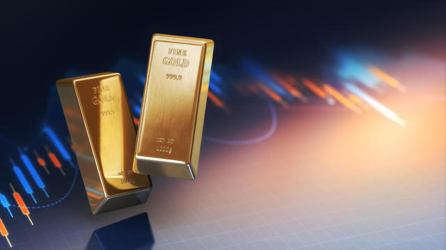 Realistic Gold Bars on Finance Graph Background, Depth Of Field 