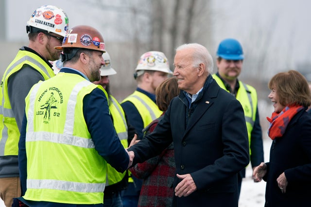 President Biden speaks with ironworkers near the John A. Blatnik Bridge between Minnesota and Wisconsin on Thursday, Jan. 25, 2024, in Superior, Wisconsin.