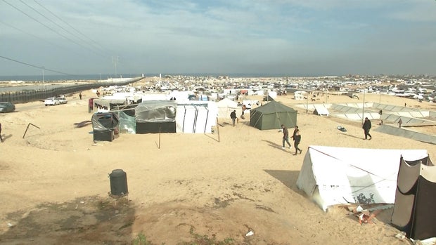Tents and other makeshift shelters set up by displaced Palestinians are seen in the Philadelphi Corridor, a demilitarized zone that extends 100 meters (109 yards) into southern Gaza from the border with Egypt, Jan. 17, 2024