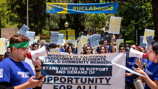 Supporters of DACA students rally and protest on the UCLA campus, during a meeting of the UC Board of Regents 