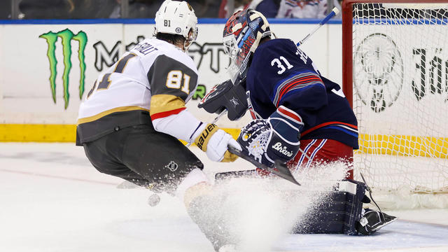 Vegas Golden Knights Right Wing Jonathan Marchessault (81) chases a rebound during the first period of the National Hockey League game between the Vegas Golden Knights and the New York Rangers on January 26, 2024 at Madison Square Garden in New York, NY. 