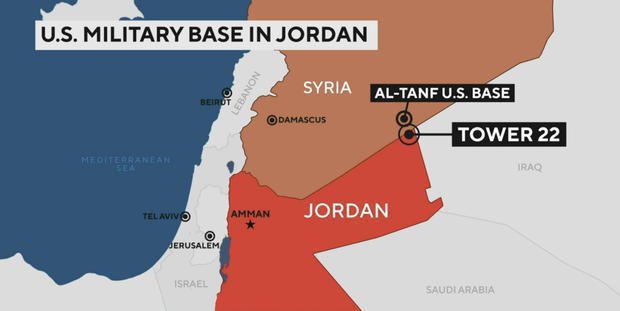 A map shows the location of the U.S. military outpost called Tower 22 in northeast Jordan, near the border with Syria. 