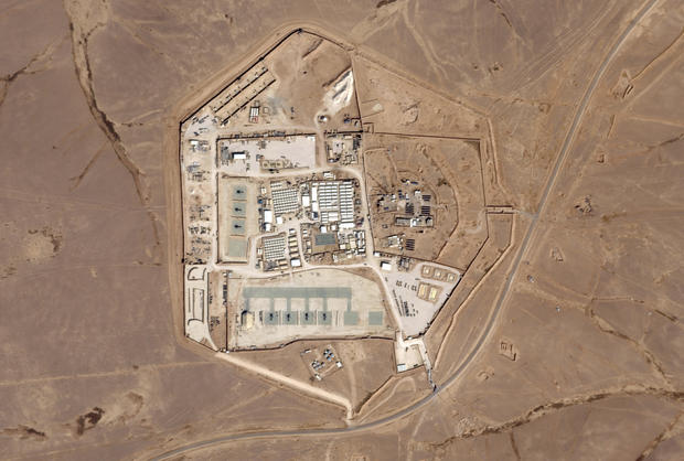 This satellite photo from Planet Labs PBC shows the military base known as Tower 22 in northeastern Jordan on Oct. 12, 2023. 