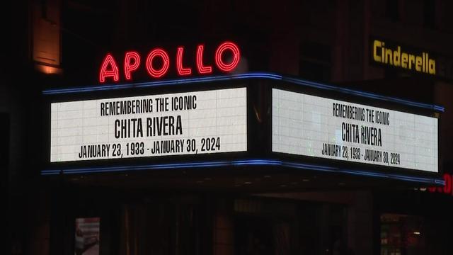 The marquee outside the Apollo Theater reads "Remembering the iconic Chita Rivera January 23, 1933 - January 30, 2024." 
