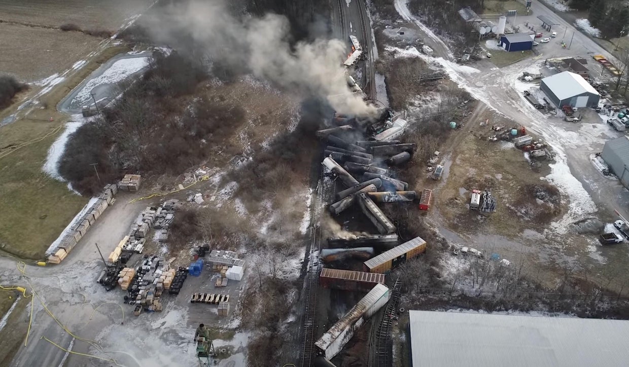 Derailed freight train cars in East Palestine, Ohio, in 2023