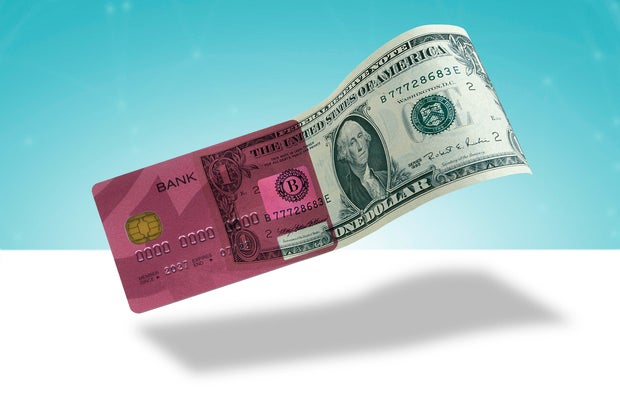 1 dollar bill with credit card