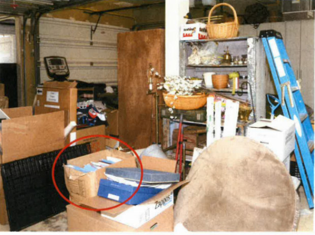 A box in President Biden's garage that contained classified documents about Afghanistan as encountered by the FBI on Dec. 21, 2022. 