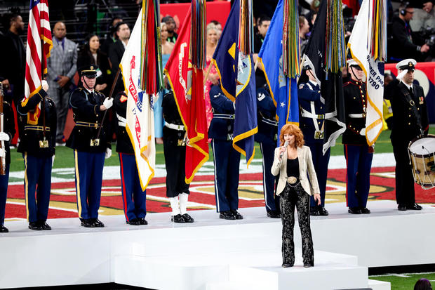 Reba McEntire performs the national anthem ahead of Super Bowl LVIII 