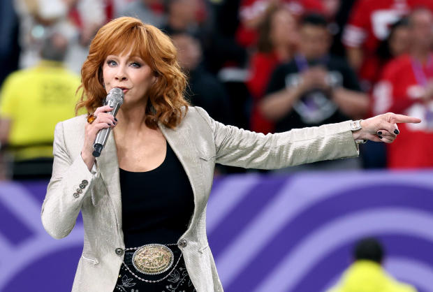 Reba McEntire performs the national anthem during the Super Bowl LVIII Pregame 