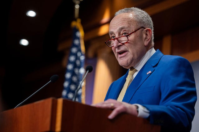 Senate Majority Leader Chuck Schumer speaks at a press conference following the successful package of a foreign aid bill in the Senate on Tuesday, Feb. 13, 2024.