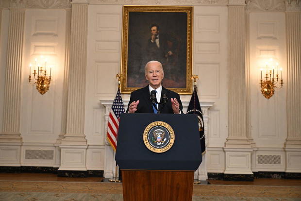 President Biden speaks about the Senate passage of aid for Ukraine in the State Dining Room of the White House on Feb. 13, 2024. 