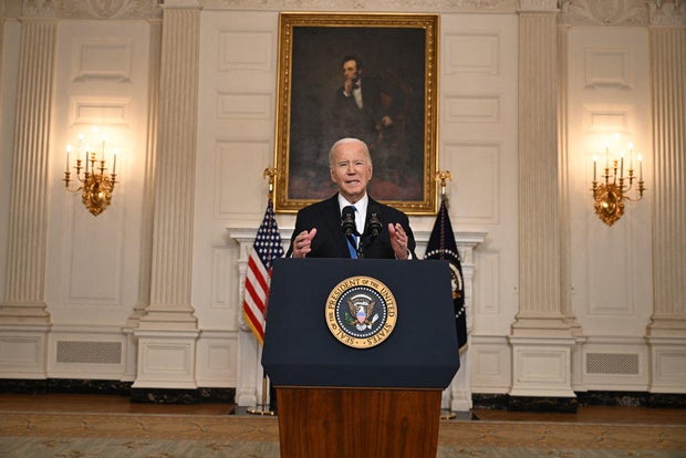 President Biden speaks about the Senate passage of aid for Ukraine in the State Dining Room of the White House on Feb. 13, 2024.