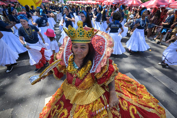 Costumed dancers at Carnival celebrations in Sao Paulo, Brazil 