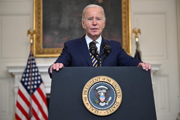 President Biden speaks in the State Dining Room of the White House on Feb. 6, 2024.
