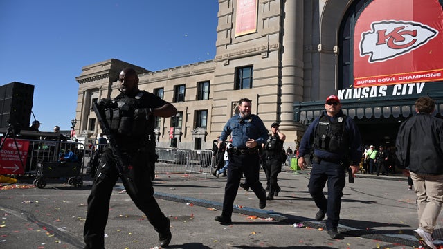 Police respond after shots were fired near the Kansas City Chiefs' Super Bowl victory parade on Feb. 14, 2024, in Kansas City, Missouri. 