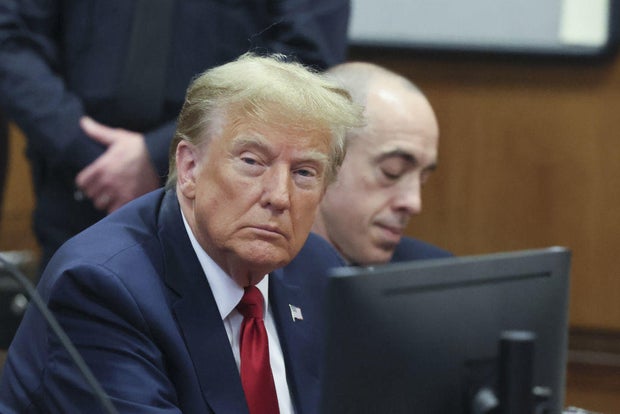 Former President Donald Trump in a New York courtroom on Thursday, Feb. 15, 2024.