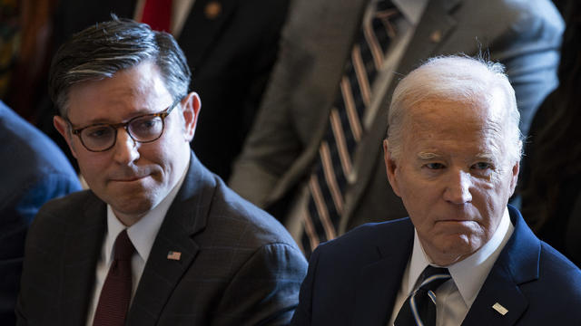 US President Joe Biden, right, US House Speaker Mike Johnson, a Republican from Louisiana, left, during the National Prayer Breakfast at the US Capitol in Washington, DC, US, on Thursday, Feb. 1, 2024. 
