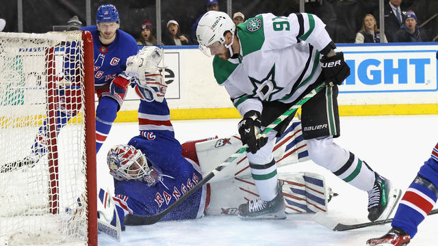 Igor Shesterkin #31 of the New York Rangers makes the third period stop on Tyler Seguin #91 of the Dallas Stars at Madison Square Garden on February 20, 2024 in New York City. The Rangers defeated the Stars 3-1. 