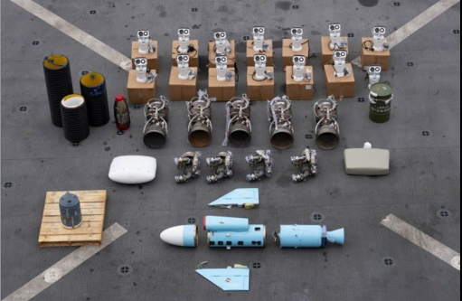 A photo of weapons components allegedly found on a small ship in the Arabian Sea intercepted by the U.S. Navy on Jan. 11, 2024.