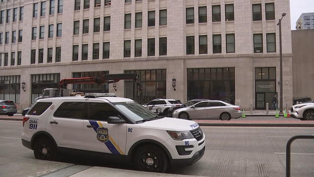 A Philadelphia police SUV parked in front of police headquarters 