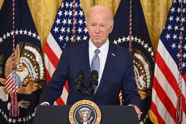President Biden speaks to a bipartisan group of governors in the East Room of the White House on Feb. 23, 2024.