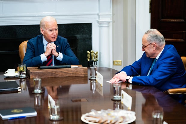 President Joe Biden and Senate Majority Leader Chuck Schumer (NY) during a meeting with Democratic Congressional leaders in the Roosevelt Room of the White House on Tuesday, January 24, 2023.