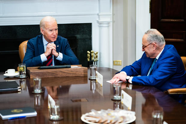 President Joe Biden and Senate Majority Leader Chuck Schumer (NY) during a meeting with Democratic Congressional leaders in the Roosevelt Room of the White House on Tuesday, January 24, 2023. 