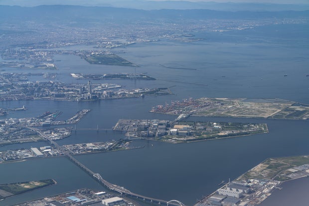 Osaka Bay in Japan aerial view from airplane