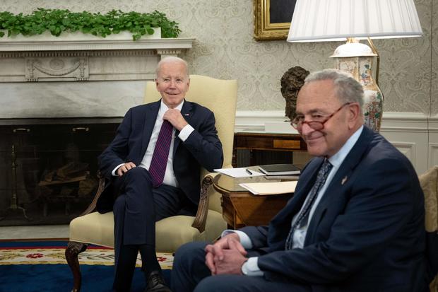 President Biden speaks during a meeting with Senate Majority Leader Chuck Schumer and other top congressional leaders in Washington, D.C., on May 9, 2023. 