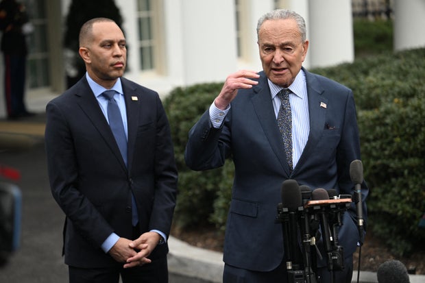 Senate Majority Leader Chuck Schumer and House Minority Leader Hakeem Jeffries speak outside the White House on Feb. 27, 2024.