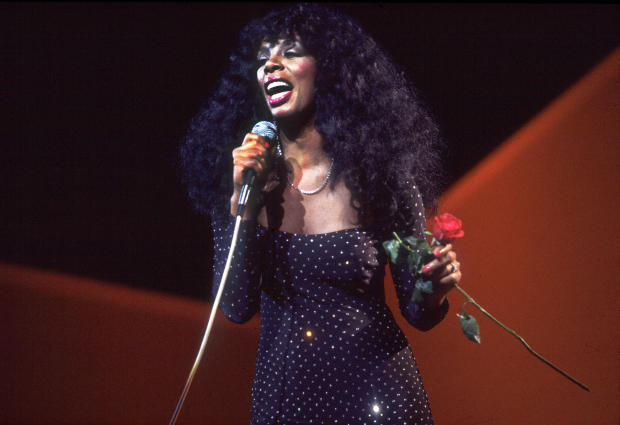 American disco and R&B singer Donna Summer performs onstage at the Poplar Creek Music Theater in Hoffman Estates, Illinois, July 12, 1983. 