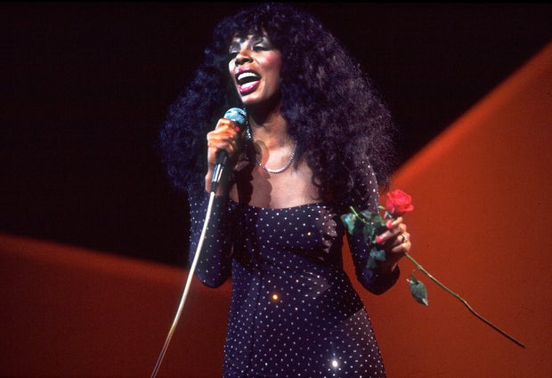 American disco and R&B singer Donna Summer performs onstage at the Poplar Creek Music Theater in Hoffman Estates, Illinois, July 12, 1983.