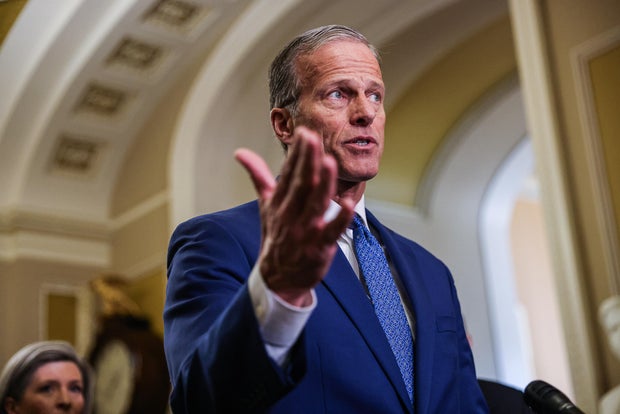Sen. John Thune, a Republican from South Dakota, speaks during a news conference on Tuesday, Feb. 6, 2024.