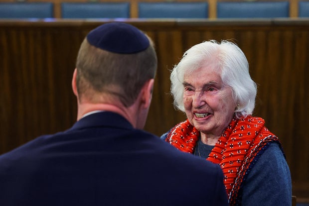 Britain's Prince William meets with Renee Salt, 94, a Holocaust survivor, during a visit to the Western Marble Arch Synagogue, in London, Feb. 29, 2024