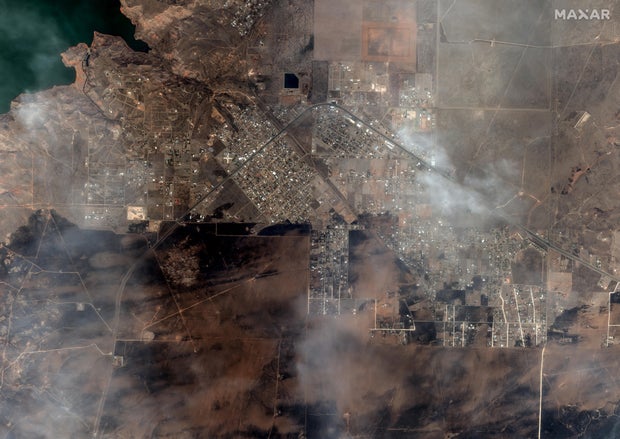 A satellite image shows how Fritch, Texas, looked from above on Feb. 28, 2024, after devastating fires hit the area.