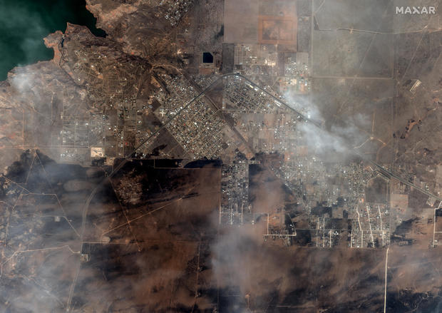 A satellite image shows how Fritch, Texas, looked from above on Feb. 28, 2024, after devastating fires hit the area. 