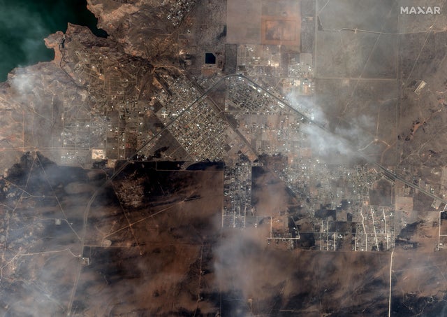 A satellite image shows how Fritch, Texas, looked from above on Feb. 28, 2024, after devastating fires hit the area.